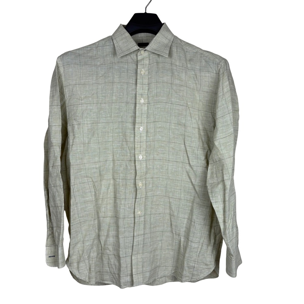 Jos. A. Bank Reserve Mens Large Linen Shirt Sage Green Plaid Traditional Fit
